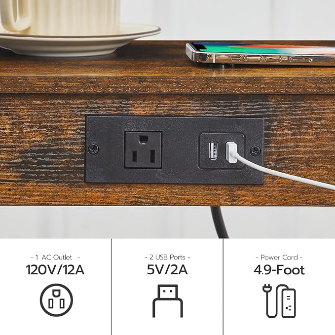 HOOBRO Side Table with Charging Station, End Table with USB Ports and Outlet, Nightstand with Storage Shelf, Faux Rattan Decoration, for Living Room, Bedroom, Rustic Brown and Black BF91UBZ01