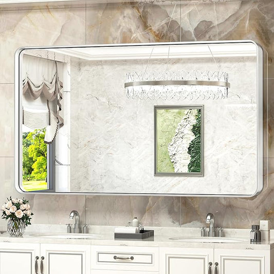 TokeShimi 55 x 30 Inch Brushed Silver Mirror Wall Mirror for Bathroom Metal Frame Decorative Rectangular Wall Mounted Home Decor Corner Hangs (Horizontal/Vertical)
