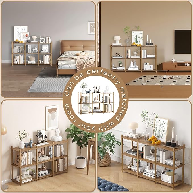 YGYQZ 3 Tier Short Book Shelf, 6 Cube Storage Shelf Organizer Bookshelf with Open Back, Long Horizontal Book Shelves for Office, Living Room, Bedroom, Rustic Brown