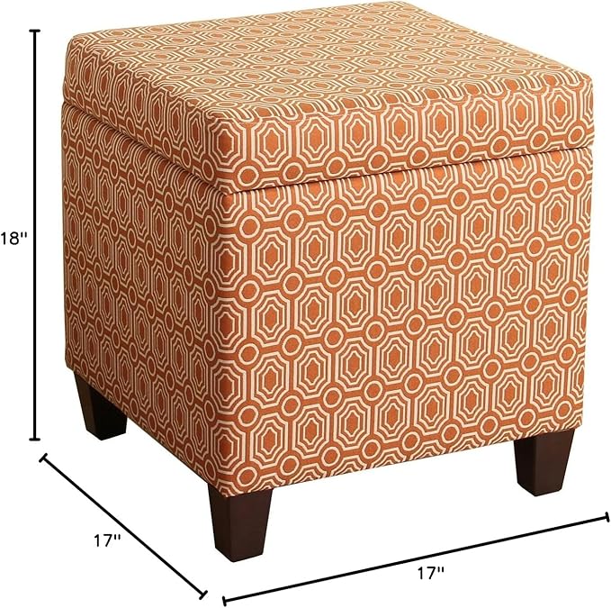 HomePop Upholstered Storage Cube Ottoman with Hinged Lid, Orange Geometric 17" x 17" x 18"