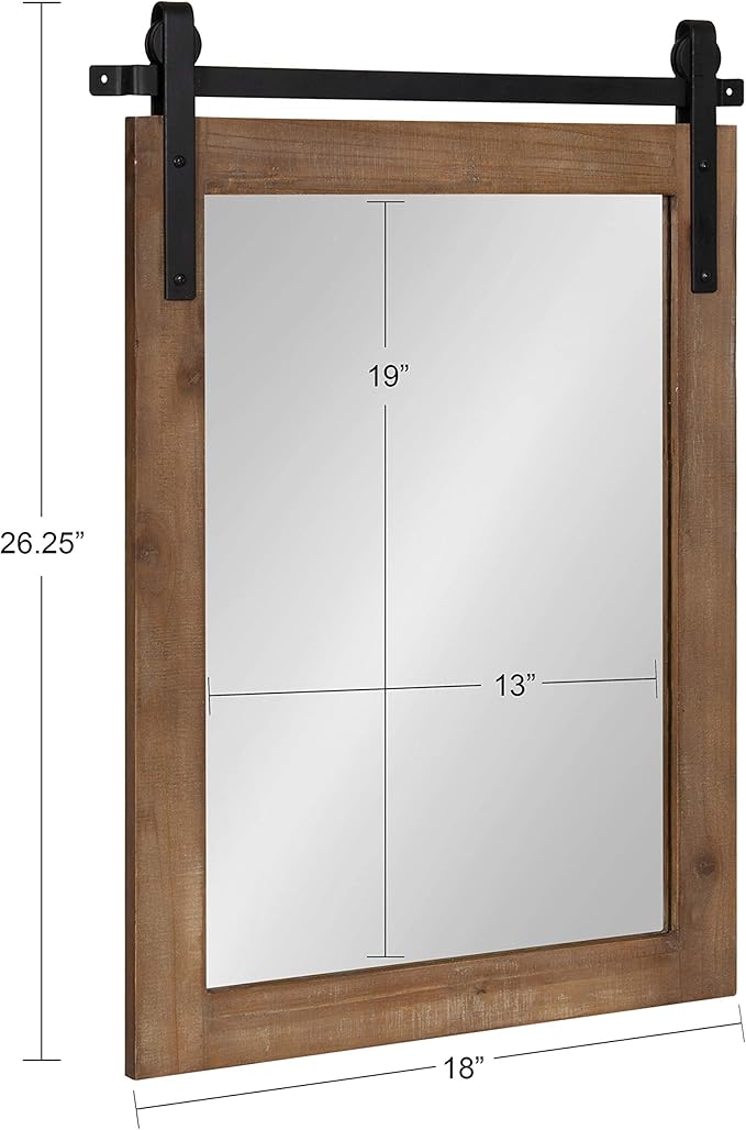Kate and Laurel Cates Farmhouse Wood Framed Wall Mirror, 18 x 26, Rustic Brown, Barn Door-Inspired Rustic Mirrors for Wall