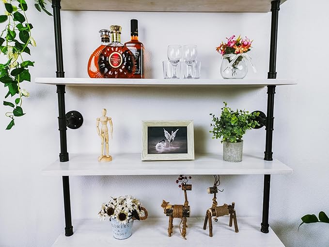 6 Tier Industrial Ladder Shelf Bookcase, Wall Mounted Rustic Bookshelf for Living Room Decor and Storage (White, 6 Tier - 10" D x 36" W x 82.5" H)