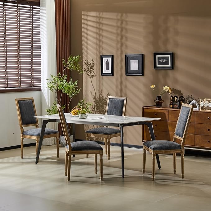 Merax Upholstered Solid Wood Dining Chairs Set of 4, French Country Style Accent Side Seating Furniture for Kitchen, Living Room, Cushioned Back, Blue Gray