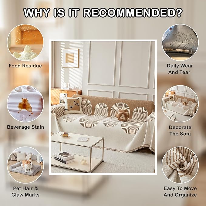STACYPIK Modern Beige Geometric Couch Cover for Dog Boho Reversible Sofa Covers for 3 Cushion Couch Washable Furniture Protector Chenille Sofa Slipcover Loveseat Cover Multi-Use Throw Blanket-71X134IN