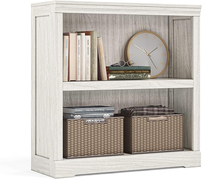 LINSY HOME 2-Tier Bookcase and Bookshelf, Small Wood Display Storage Shelves Farmhouse Bookshelf for Home Office, Living Room, Bed Room - White Oak