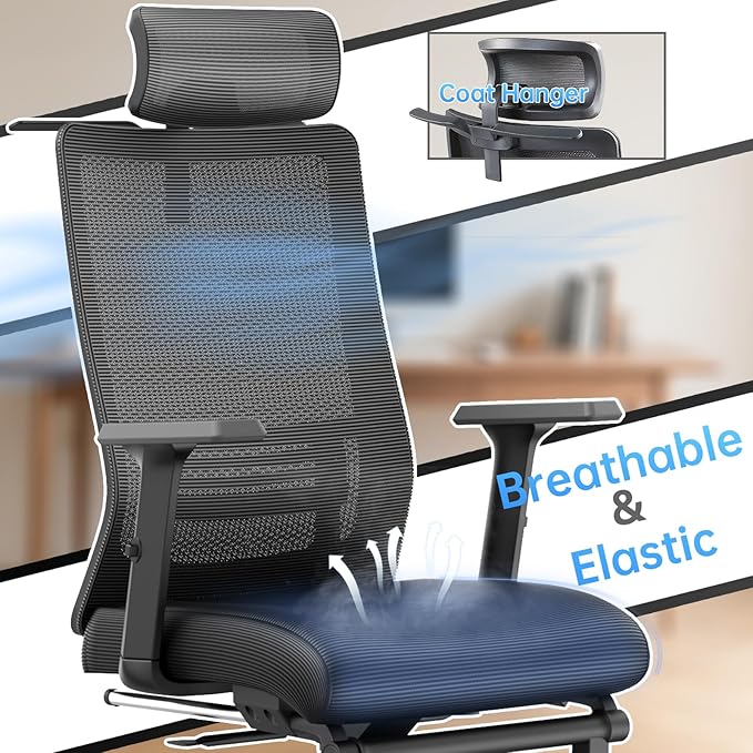 Ergonomic Office Chair, Adjustable Lumbar &Headrest, 3D Armrests, Silent Wheels, 145° Reclining Chair with Footrest, Large Steel Base, 350 LBS Swivel Desk Chair