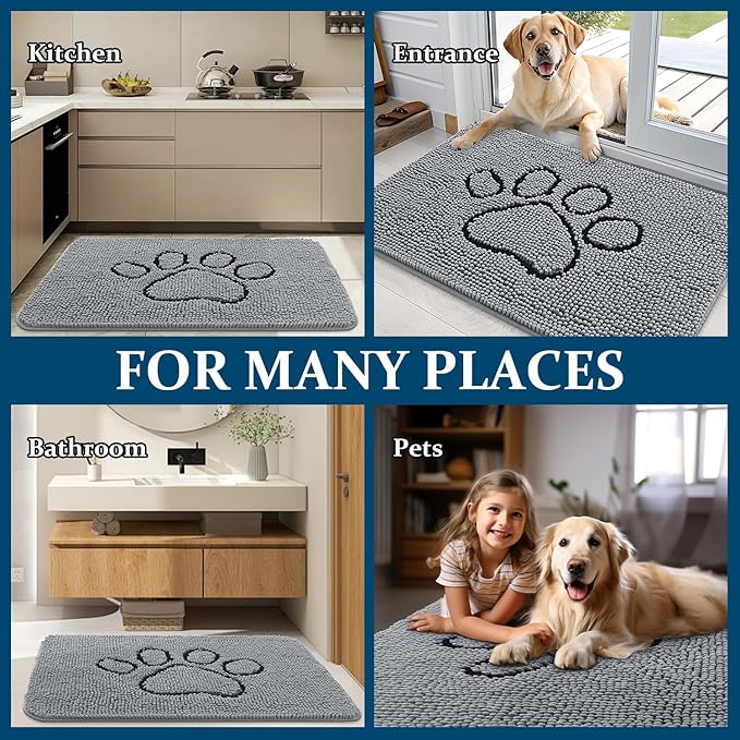 OLANLY Door Mat for Muddy Dog Paws 34x21, Ultra Absorbent Chenille Mud Doormat with Paw Print Design, Non-Slip Washable Doormat for Indoor Entryway, Quick-Dry Pet Bed Mats for Dirty Dogs, Grey