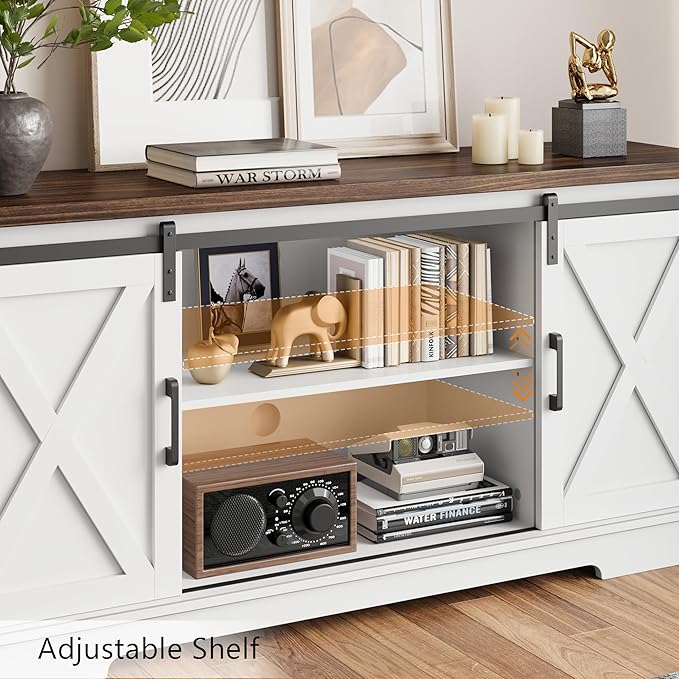 IDEALHOUSE Farmhouse Tv Stand for 65 inch TVs, Entertainment Center with Sliding Barn Doors and Adjustable Shelf, Modern Storage Media TV Console TV Stand Table for Living Room, Bedroom, White & Brwon
