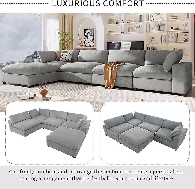 176.4 Inch L Shaped Modular Sectional Sofa with Removable Ottoman, 5-Seater Oversized Deep Seat Corner Couch for Living Room, Apartment, Office, Spacious Space, Grey