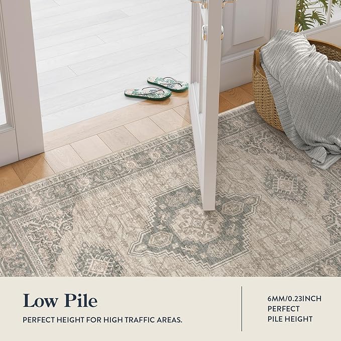 Lahome Oriental Small Area Rug, 2x4 Washable Entryway Rug Non-Slip Ultra-Thin Indoor Door Mat Distressed Throw Carpet for Kitchen Bedroom, Grey/Brown