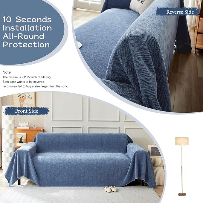 STACYPIK Stylish Blue Sofa Cover Chenille Herringbone Couch Covers for 3 Cushion Couch Cat Scratches Couch Covers for Sectional Sofa Pet Protector Futon Loveseat Cover Multi-Use Throw Blanket-71x150IN