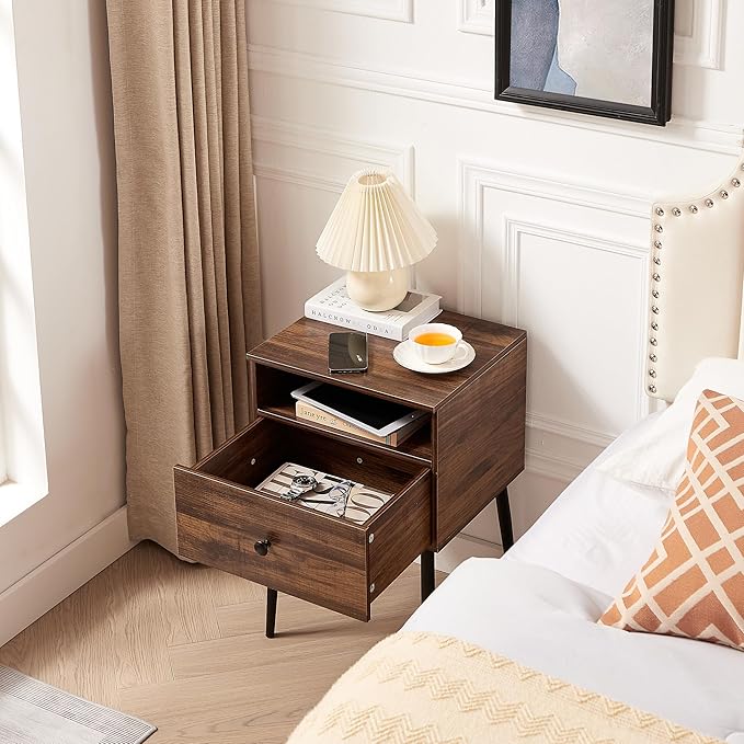 VECELO 2-Tier Nightstands Bedside Table with Storage Drawer and Open Wood Shelf, End Table for Living Room, Bedroom and Small Spaces, Night Stand with Metal Legs, Easy Assembly