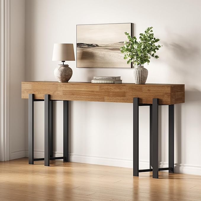 LITTLE TREE 63-Inch Console Table for Entryway, Farmhouse Behind Couch Table, Minimalist Sofa Table for Living Room, Long Wooden Hallway Foyer Table with Black Metal Frame, Oak