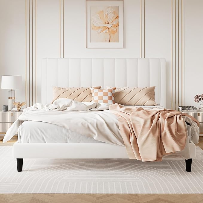 SHA CERLIN King Bed Frame/Velvet Upholstered Platform Bed Frame with Headboard/Strong Wood Slats Support/Mattress Foundation/No Box Spring Needed/Easy Assembly/White