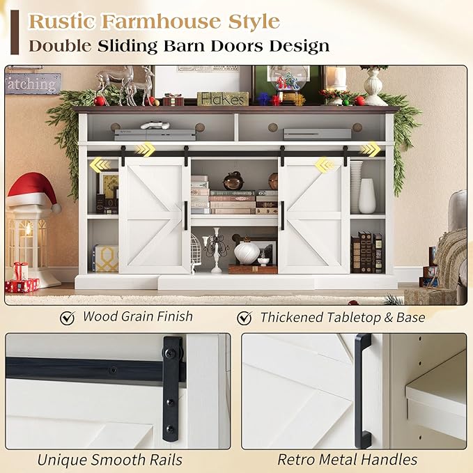 66" Farmhouse TV Stand for 75 Inch TVs, 40" Tall Entertainment Centere with Sliding Barn Doors, Rustic Media Console Table Storage Cabinet with Adjustable Shelves, Living Room, Antique White