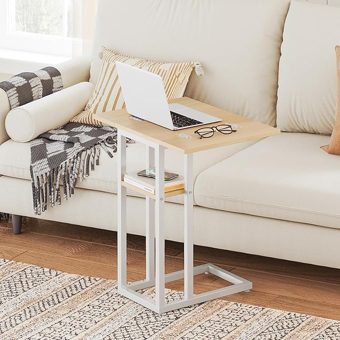 HOOBRO Foldable End Table, C Shaped Side Table with Storage Shelf, Small Snack Table Suitable for Living Room Bedroom Small Spaces, Easy Assembly, White and Natural WN29SF01