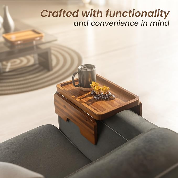 HOLANA Acacia Wood Sofa Armrest Tray - 13.75 x 9.5in Double Hinge Sofa Arm Tray Table Clip - Couch Arm Table - Wooden Side Tables for Eating and Drink (Acacia, 13.75" D x 9.5" W x 2" H)