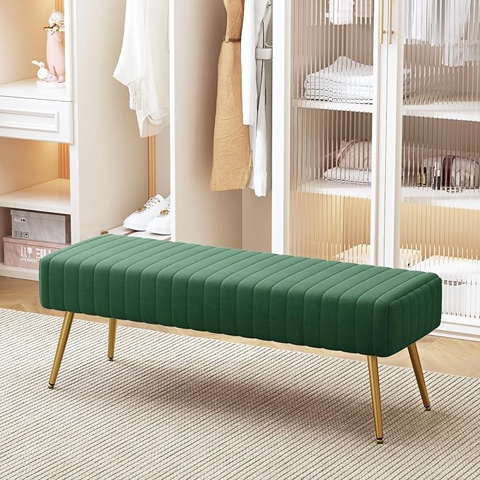 Furniliving 44 Inch Entryway Benches, Upholstered Tufted Striped Fabric Ottoman Bench with Polished Gold Metal Legs for Living Room, Solid Wood Indoor Bench for Foyer (DarkGreen)