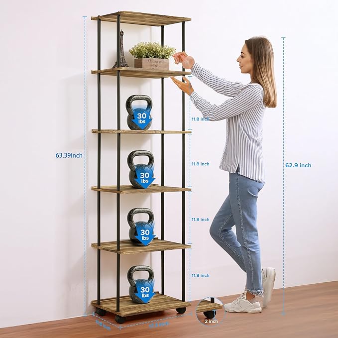 GETALL Tall Bookshelf with Wheels, 6 Tier Solid Wood Bookcase for Small Spaces, Corner Bookshelf Storage Organizer for CDs, Movies, Narrow Movable Shelfing Unit for Bedroom, Living Room
