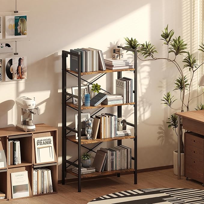 Folding Bookshelf,4 Tier Bookcase Foldable Shelf with X-Bracket Design, Adjustable Feet, Space Saving Storage for Living Room, Office, Rustic Brown