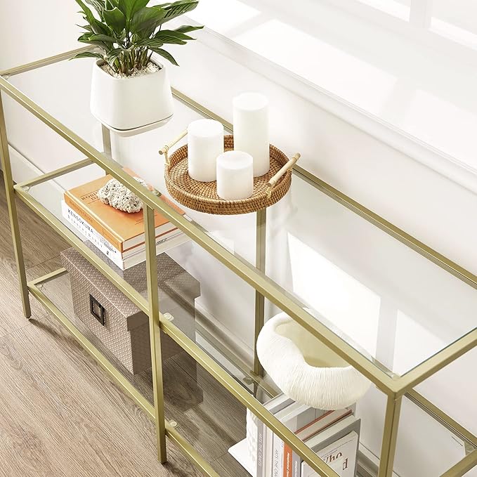VASAGLE 51.2 Inch Console Table with 3 Shelves, Sofa Tables, Modern Entryway Table, Metal Frame, Tempered Glass Shelf, Entryway Living Room Bedroom, Metallic Gold and Transparent ULGT024A01