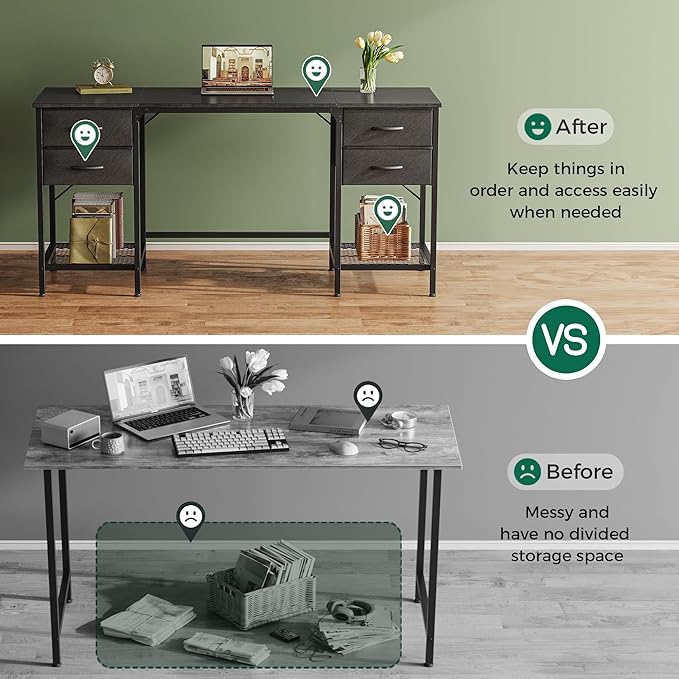 Huuger 63 Inch Computer Desk with 4 Drawers, Mesh Shelf, Gaming, Large Storage, Writing Work Desk for Home, Study, Bedroom, Work from Home, Black