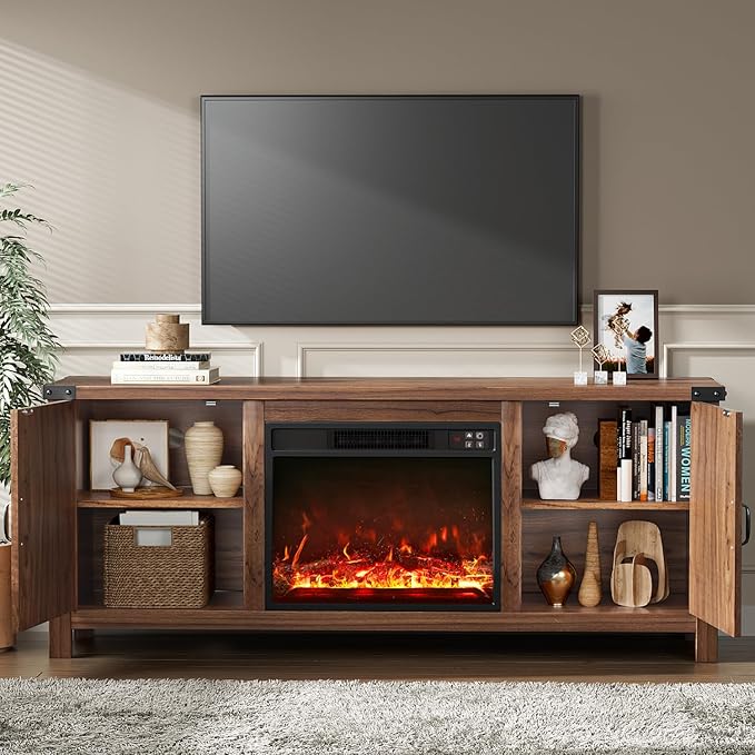 YESHOMY Fireplace TV Stand with Two Barn Doors and Storage Cabinets for Televisions up to 65+ Inch, Entertainment Center Console Table, Media Furniture for Living Room, 58 Inch, Walnut