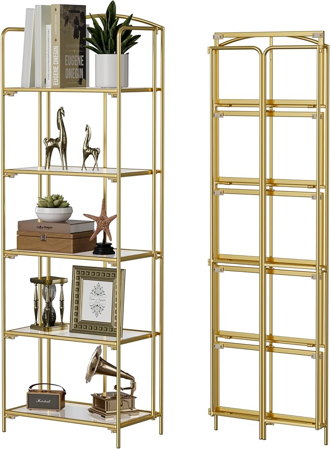 Crofy No Assembly Folding Bookshelf for Living Room, 5 Tier Gold Collapsible Book Shelf for Home Office, Portable Bookcase Storage Organizer