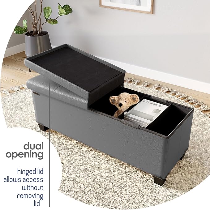 STORAGEBUD Storage Ottoman Bench with Bins, 43-in Storage Bench for Bedroom End of Bed, Folding Foot Rest Ottoman for Living Room Max 660lbs, Faux Leather Ottomans, Grey
