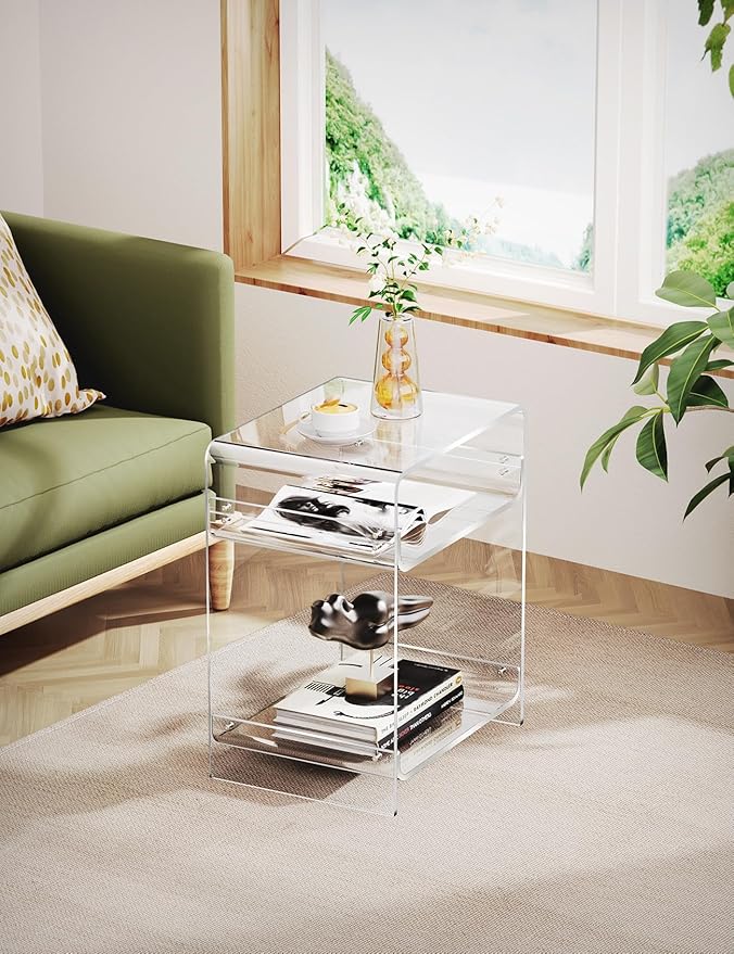 Acrylic Record Player Table with Storage Shelf, Clear Side Table Nightstand (Clear)