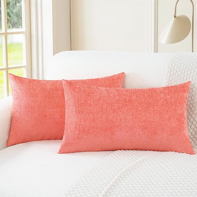 CaliTime Throw Pillow Covers Decorative 12 X 20 Inches Pack of 2 Cozy Chenille Cushion Cases for Couch Sofa Bed Living Room Home Living Coral