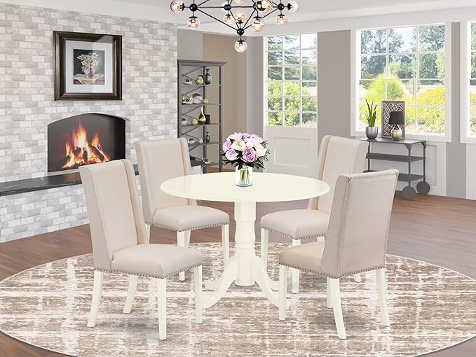 East West Furniture DLFL5-WHI-01 5 Piece Modern Dining Table Set Includes a Round Wooden Table with Dropleaf and 4 Cream Linen Fabric Parson Dining Room Chairs, 42x42 Inch, Linen White