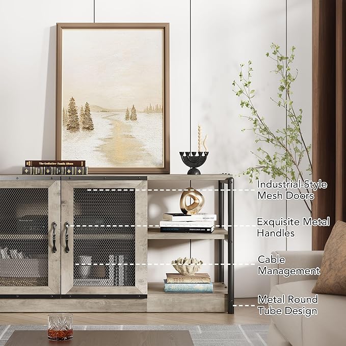 GarveeHome Farmhouse TV Stand for 65/75 Inch TVs, Entertainment Center with Storage Cabinet, 63'' Rustic TV Media Console Table, Furniture for Living Room, Grey