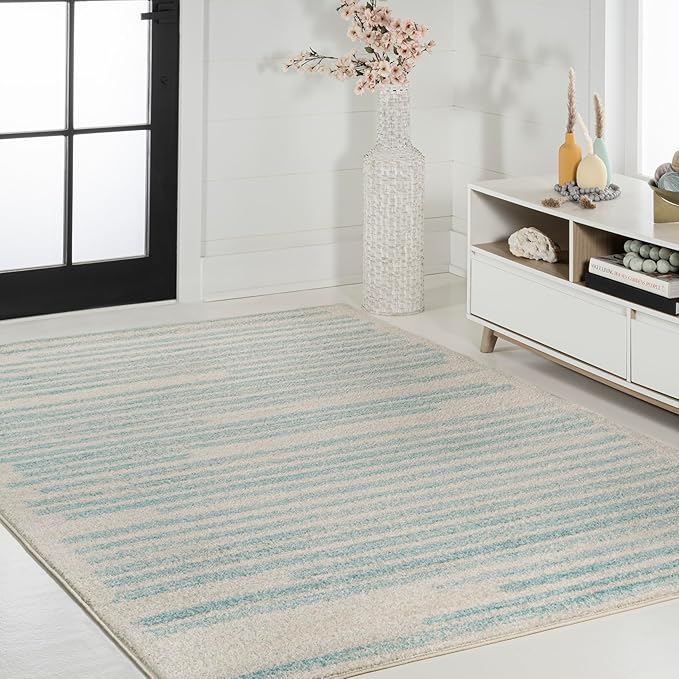 JONATHAN Y Khalil Modern Berber Stripe Cream/Turquoise Indoor Area Rug, 5x8, Contemporary, Bohemian, Easy-Cleaning for Living Room, Bedroom, Kitchen, Pet Friendly, Non-Shedding (MOH207B-5)