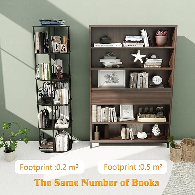 4-Tier Rotating Bookshelf, 360 ° Display Stackable Spinning Bookshelf Tower, Narrow Space Saving Tall Floor Standing Swivel Bookcase Corner Organizer for Bedroom, Living Room, Black