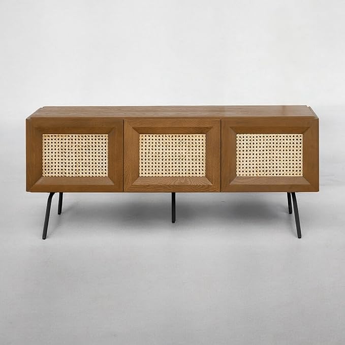 NTC Mossic TV Media Cabinet with 3 Doors for TVs, Entertainment Center with Natural Rattan, Metal Legs, Modern Storage Console for Living Room and Bedroom, Effortless Assembly, Rustic Oak