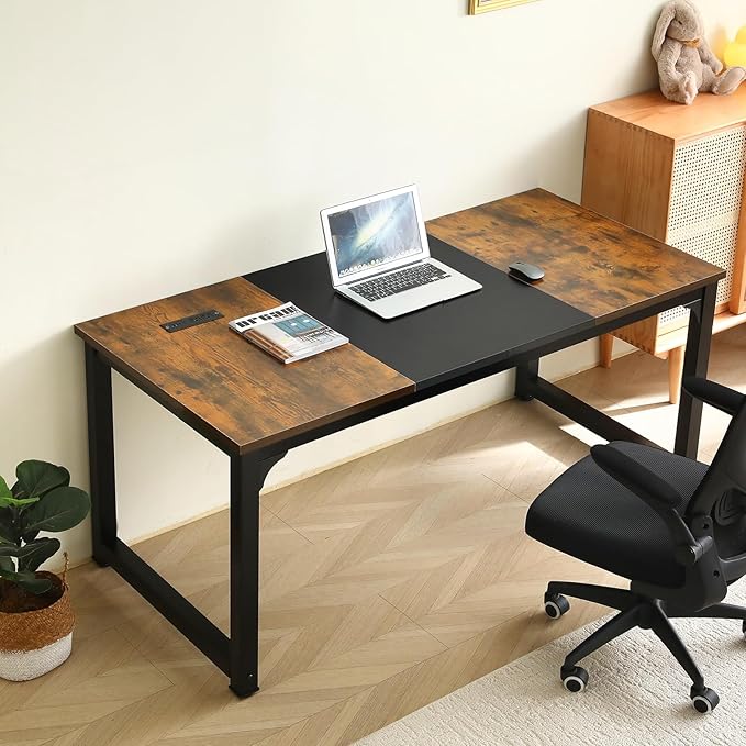Large Computer Desk - 63 Inch Home Office Desks Study Student Writing Table Gaming Desk Wood Modern Simple Table with USB Ports, Vintage + Black