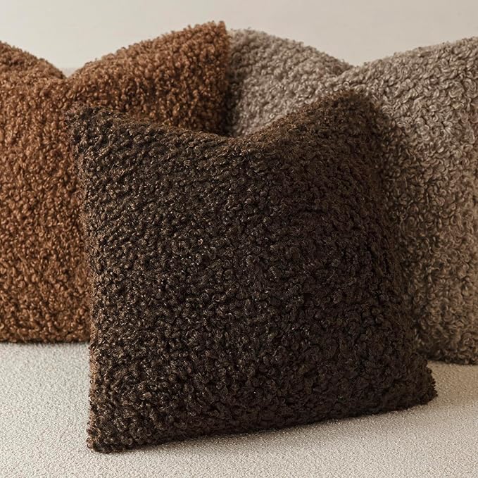 Foindtower 2 Pieces 24x24 Inch Dark Brown, Faux Fur Throw Pillow Cover Accent Sherpa Furry Pillow Covers Fuzzy Soft Pillowcases Cozy Sheepskin Decorative Fleece Cushion Case for Bed Couch Living Room