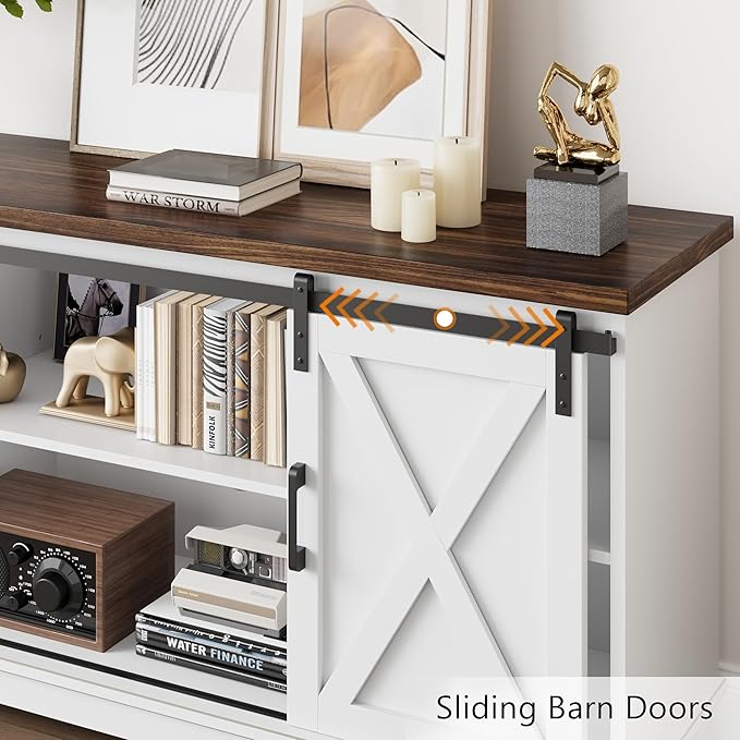 IDEALHOUSE Farmhouse Tv Stand for 65 inch TVs, Entertainment Center with Sliding Barn Doors and Adjustable Shelf, Modern Storage Media TV Console TV Stand Table for Living Room, Bedroom, White & Brwon