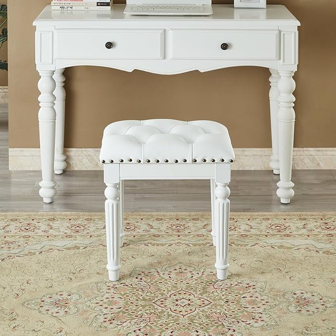 Vanity Bench Stool with Microfiber Leather Cushion, Vanity Chair Ottoman Dressing Stool with Solid Wood Legs for Bedroom, Makeup Room, Dressing Room (White)