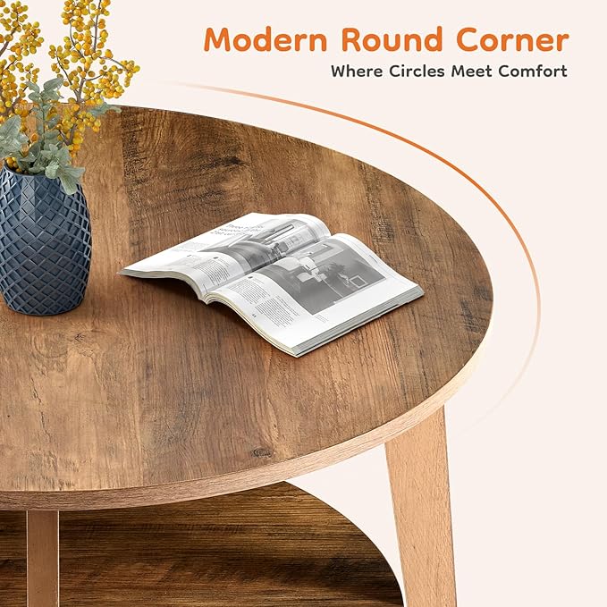 Sweetcrispy Round Coffee Table, 32'' Wood Coffee Tables for Living Room with Storage, 2-Tier Center Circle Counter with Wooded Desktop, 50 lbs Capacity, Anti-Slip Feet, Modern Farmhouse Design, Brown
