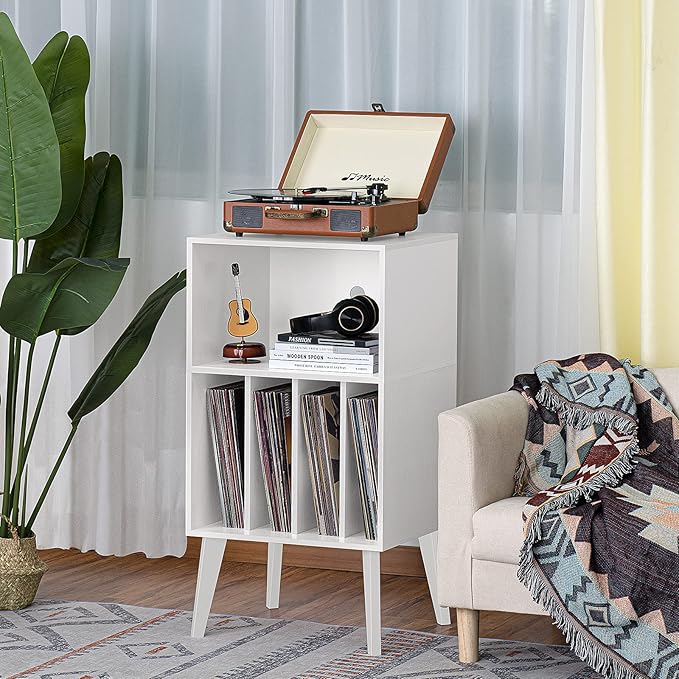 Lerliuo Record Player Stand, White Turntable Stand Holds up to 160 Albums, Mid-Century Vinyl Storage Cabinet Table with Solid Wood Legs, Record Player Holder Dispaly Shelf for Bedroom Living Room