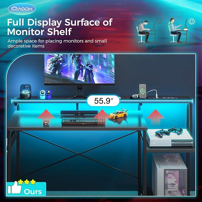 AODK Computer Desk, 56 Inch Gaming Desk with Led Lights & Power Outlet, Office Desk with Storage Shelves, Reversible Desk with Monitor Shelf & Headphone Hook, Carbon Fiber Black