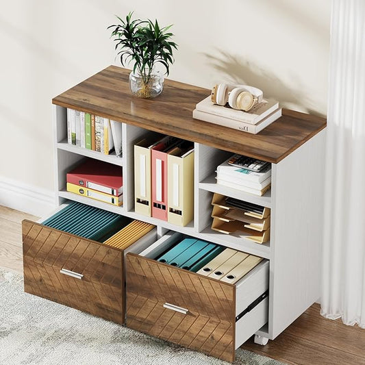 Tribesigns 2-Drawer Wood File Cabinet, Mobile Lateral Filing Cabinet for Hanging Letter Size Files, Printer Stand with Open Storage Shelves for Home Office (Oak Karo & White)