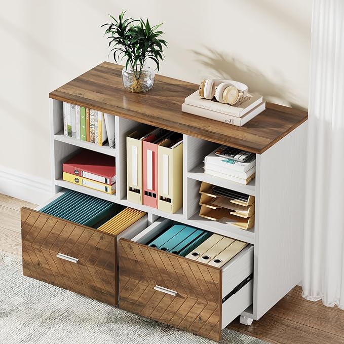 Tribesigns 2-Drawer Wood File Cabinet, Mobile Lateral Filing Cabinet for Hanging Letter Size Files, Printer Stand with Open Storage Shelves for Home Office (Oak Karo & White)