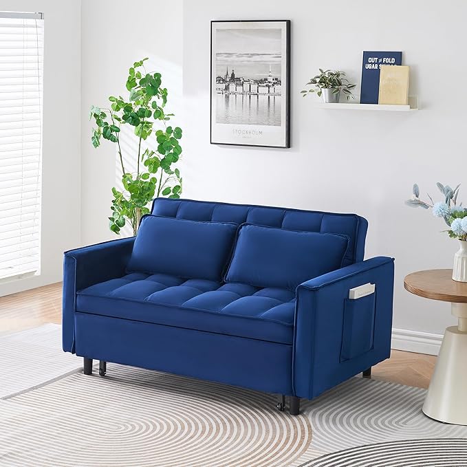 Ball & Cast 55" Convertible Sofa Bed,3 in 1 Sleeper Sofa W/Pull-Out Bed,Convertible Pull Out Couch W/2 Pillows,Adjustable Backrest & Side Pocket,Velvet Futon Couches for Living Room,Apartment,Blue