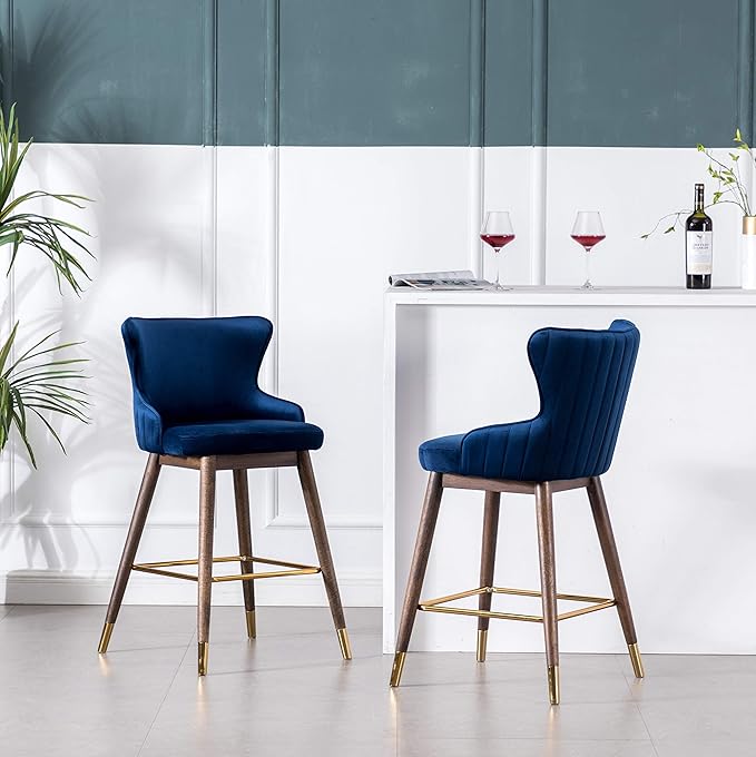 Roundhill Furniture Leland Fabric Upholstered Counter Height Wingback Stools, Set of 2, Blue