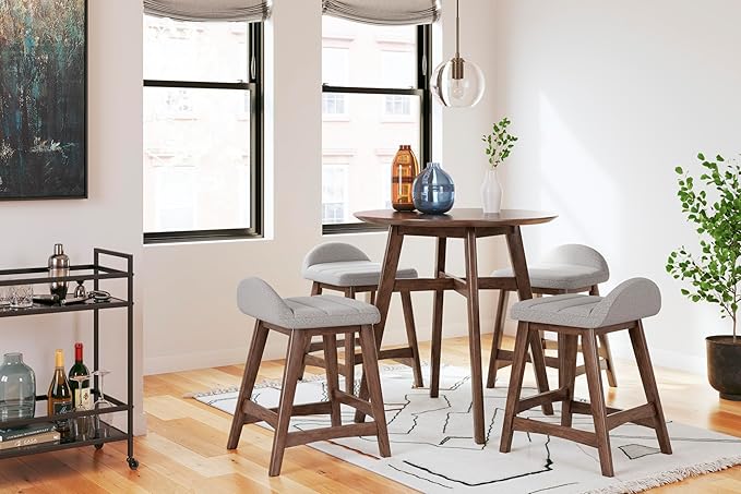 Signature Design by Ashley Lyncott Contemporary 28.5" Counter Height Upholstered Bar Stool with Foam Cushion, 2 Count, Light Gray & Brown