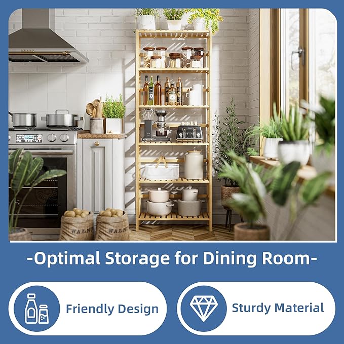 HITNET Bamboo Shelf, 6-Tier Adjustable Tall Open Bookcase, Bathroom Storage Rack Freestanding Shelving Unit, Plant Display Stand for Small Space, Natural