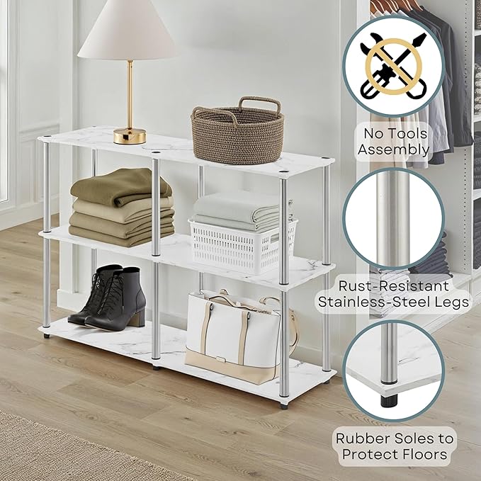 Convenience Concepts Designs2Go No Tools 3 Tier Wide Console Table 42" - Modern Accent with Shelves for TV Media Center, Office Desk Extension, Entryway Display, & Home Storage, White Faux Marble